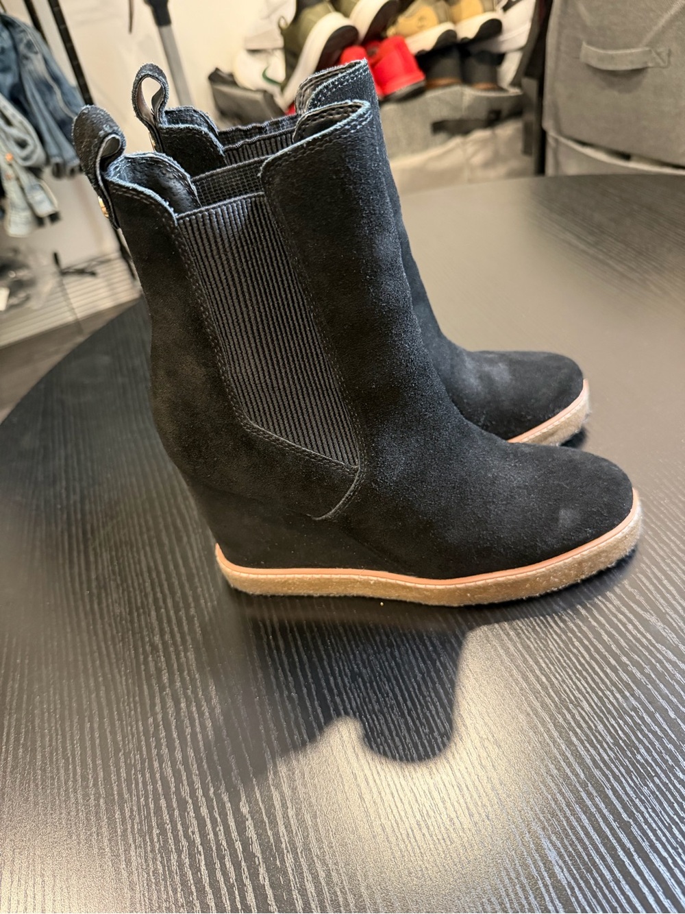Steve Madden Black Suede Wedge Chelsea Booties with Tan Sole